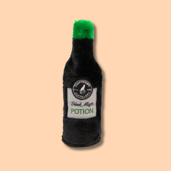 peluche-Halloween Happy Hour Crusherz Potion Magique Noire – Jouet à Bouteille pour Chien