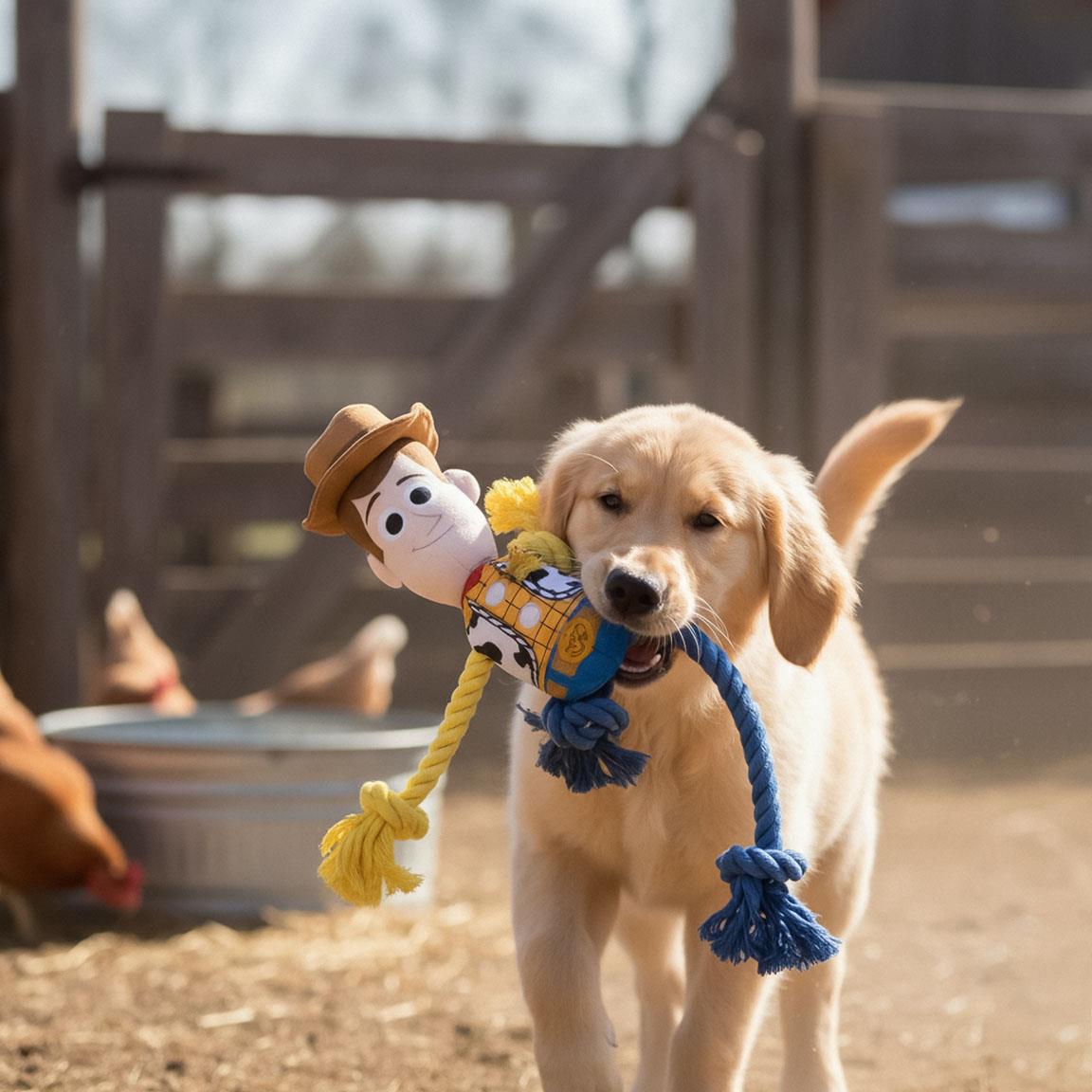 Chiot golden retriever qui porte Woody dans la gueule