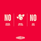 Atouts Carnilove sur fond rouge : sans colorants, enrichi aux herbes, sans céréales