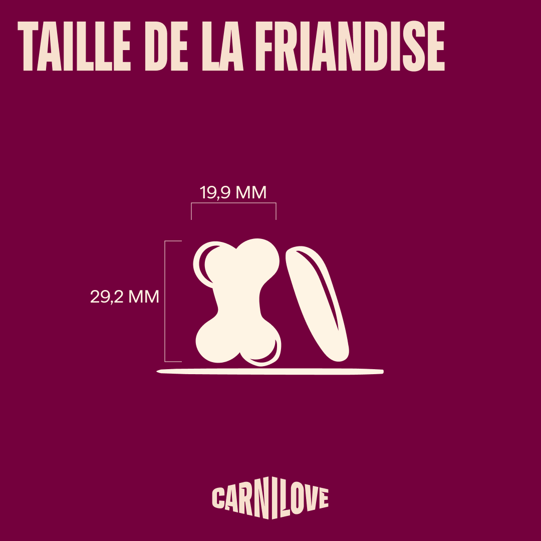 Taille d'une friandise Carnilove agneau & canneberges en forme d'os : 19,9 × 29,2 mm