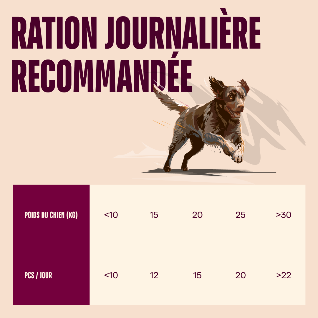 Ration journalière recommandée des friandises Carnilove saumon selon le poids du chien