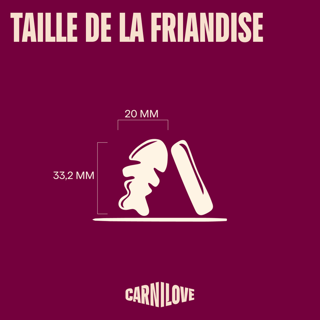 Taille d'une friandise Carnilove saumon & myrtilles : 20 × 33,2 mm