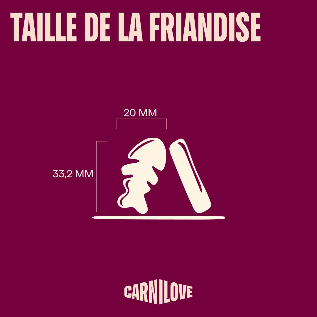 Taille d'une friandise Carnilove saumon & myrtilles : 20 × 33,2 mm