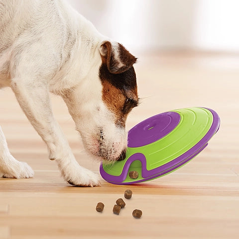 Jack Russell faisant tomber des croquettes du disque rotatif