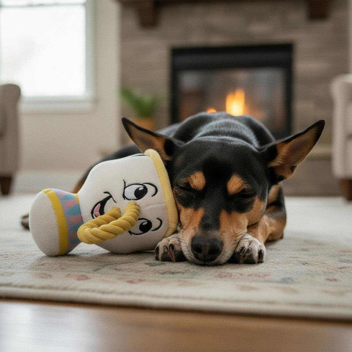 Chien noir et feu couché devant la cheminée avec Zip