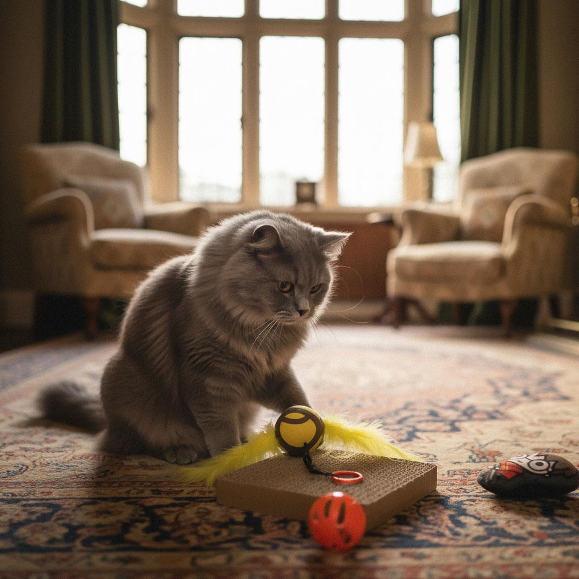 Chat gris jouant avec le set dans un salon cosy