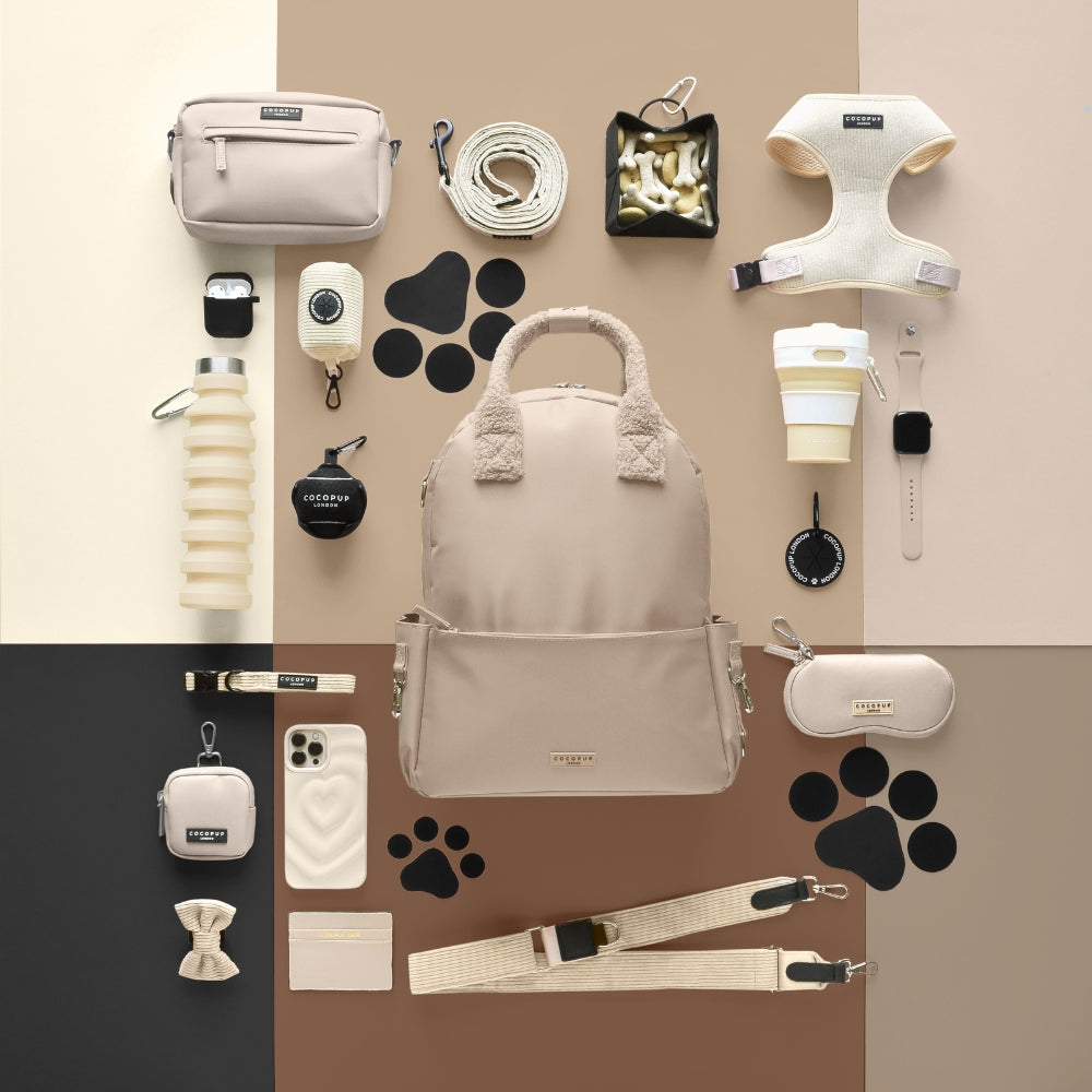 Sac beige entouré de ses accessoires vus du dessus