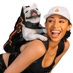 Femme riant avec un bouledogue dans le sac noir