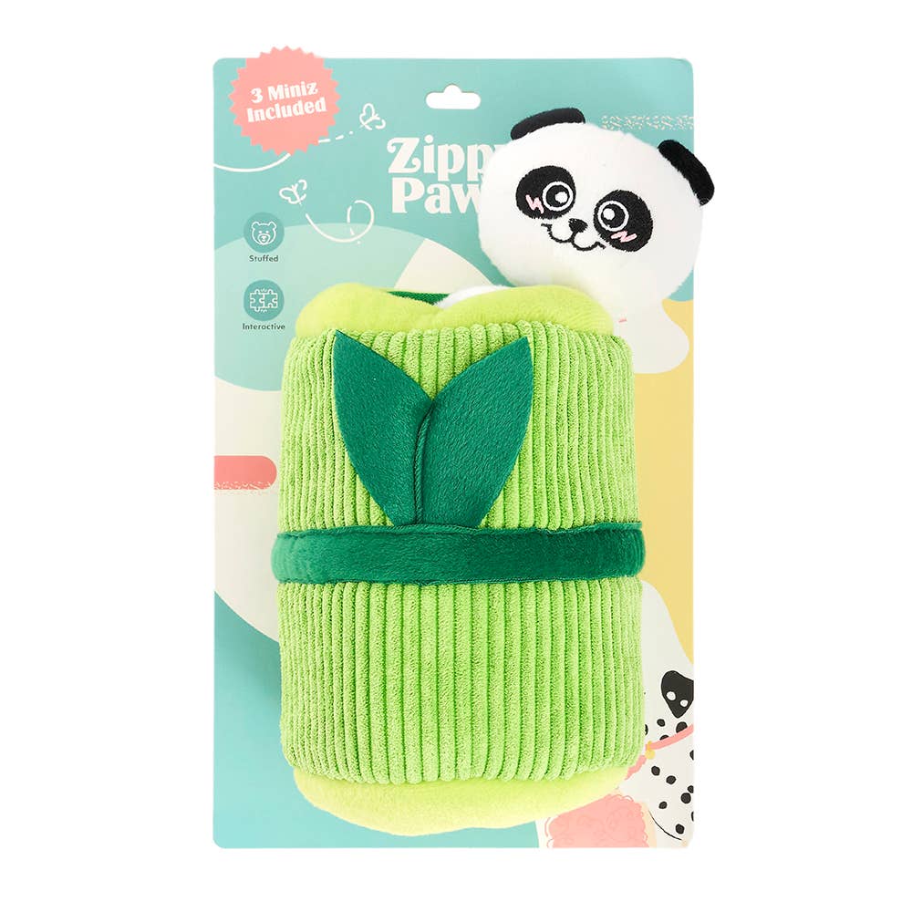 Tube de bambou et ses pandas dans leur emballage ZippyPaws
