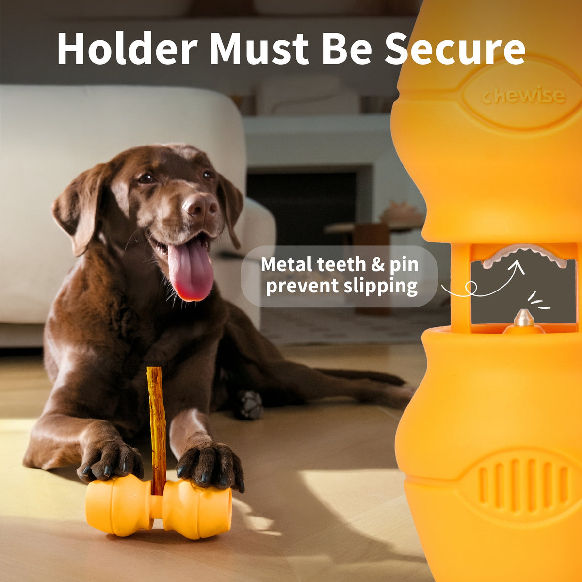 Labrador couché qui mâche un bâtonnet tenu dans le support Chewise