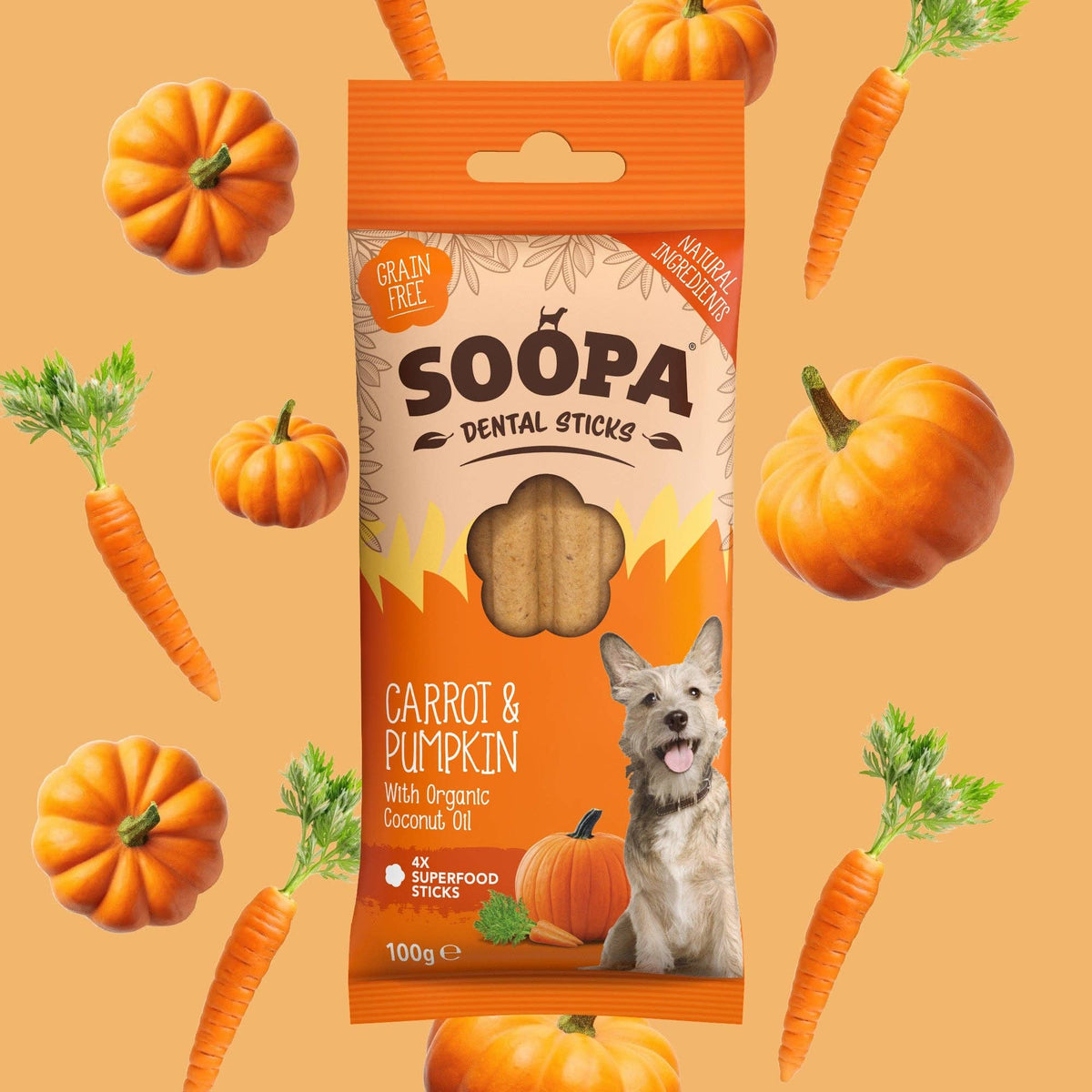 Paquet Soopa carotte citrouille entouré de carottes et de citrouilles