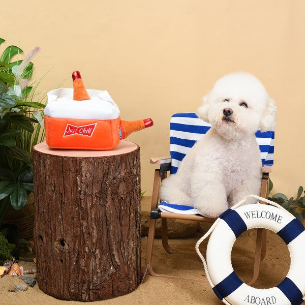 Bichon blanc sur un transat près d'une glacière posée sur une souche