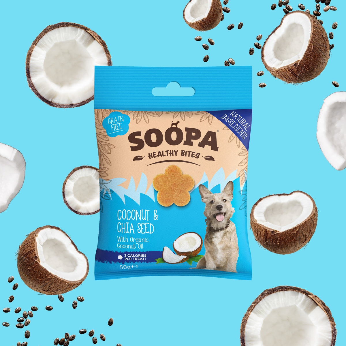 Sachet Soopa entouré de noix de coco et de graines de chia