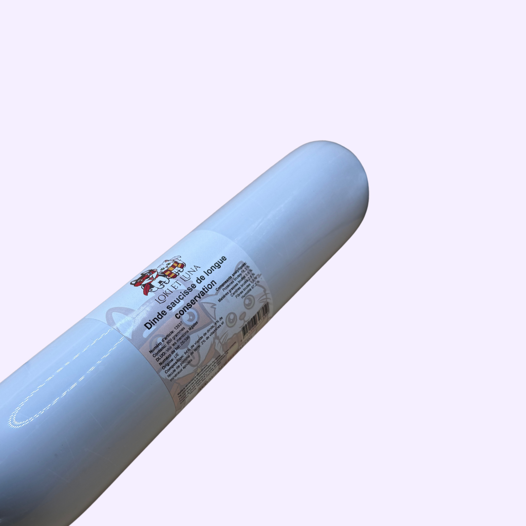 Boudin sous film plastique bleuté vu en diagonale