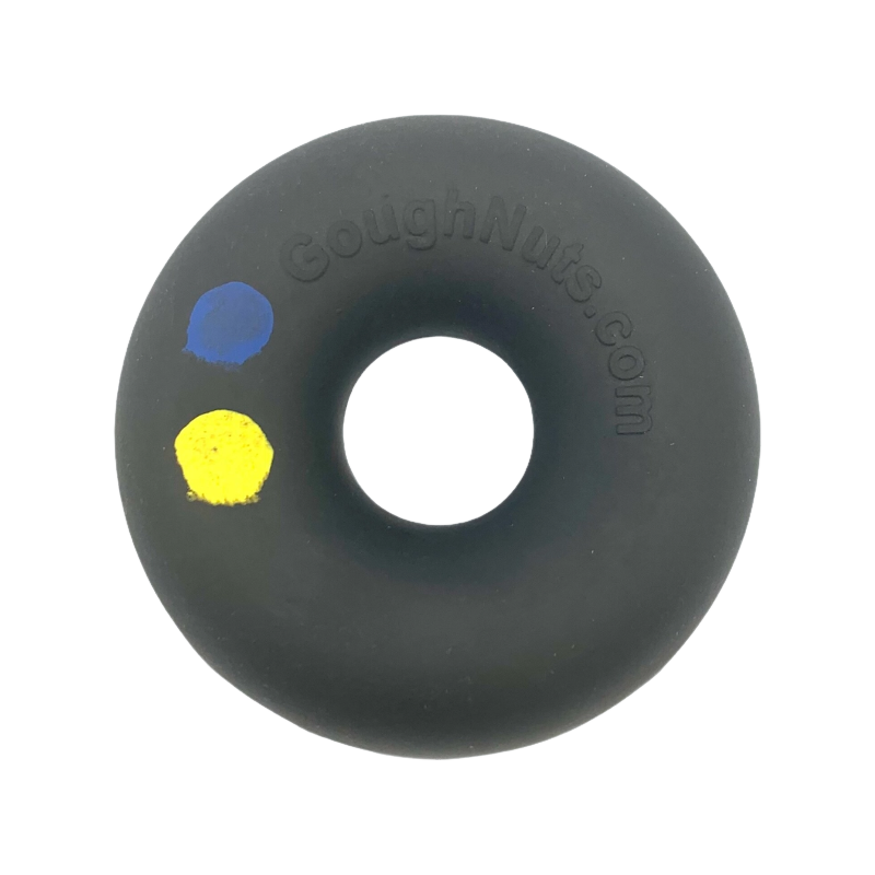 Anneau noir vu de face avec pastilles bleue et jaune