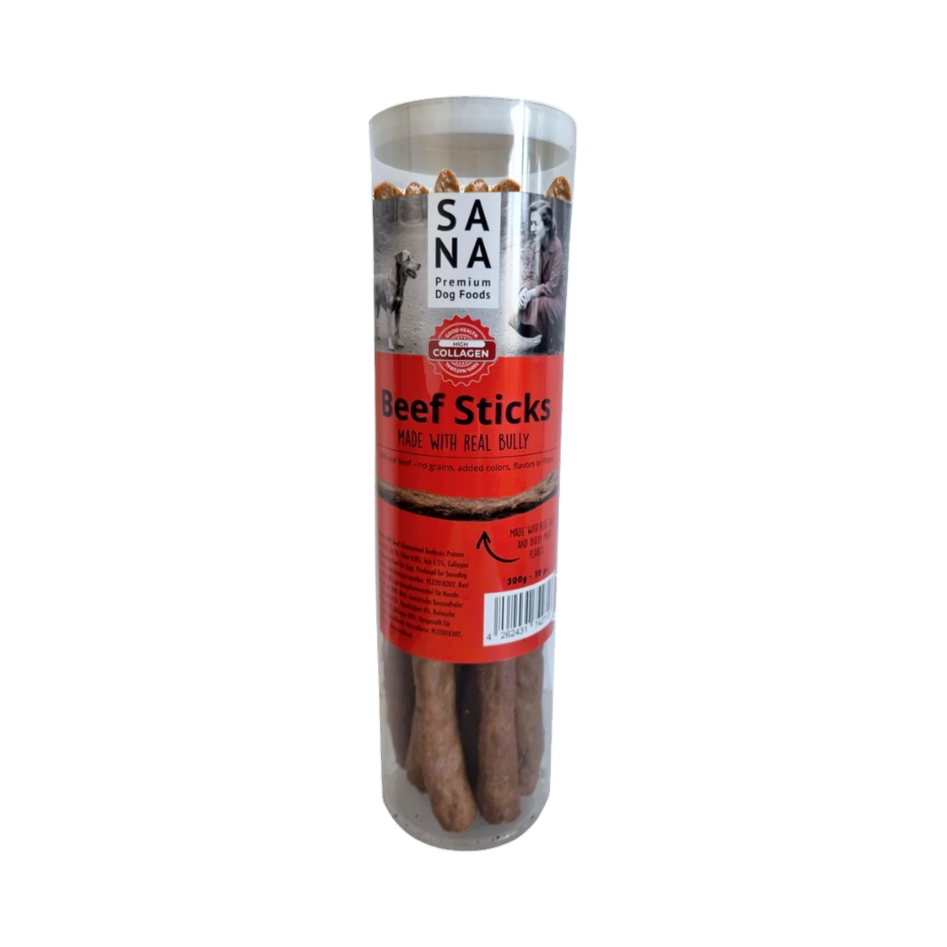 Tube SANA Beef Sticks transparent rempli de bâtonnets