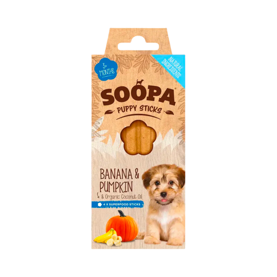 Boîte Soopa Puppy Sticks banane et citrouille, un chiot sur l'étui