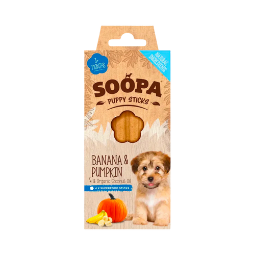 Boîte Soopa Puppy Sticks banane et citrouille, un chiot sur l'étui