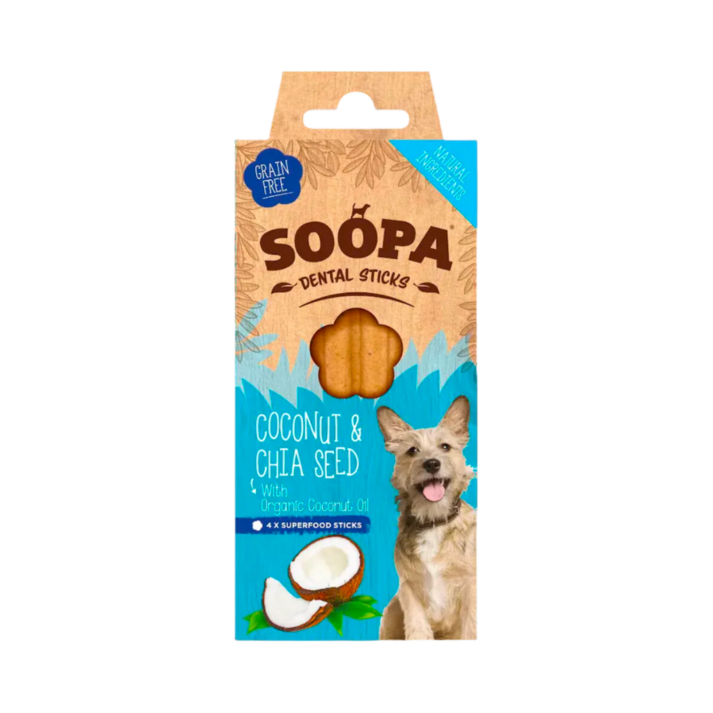 Boîte Soopa Dental Sticks noix de coco et chia, noix de coco en illustration