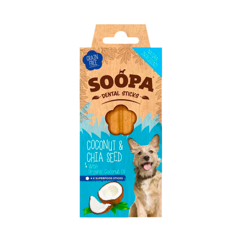 Boîte Soopa Dental Sticks noix de coco et chia, noix de coco en illustration