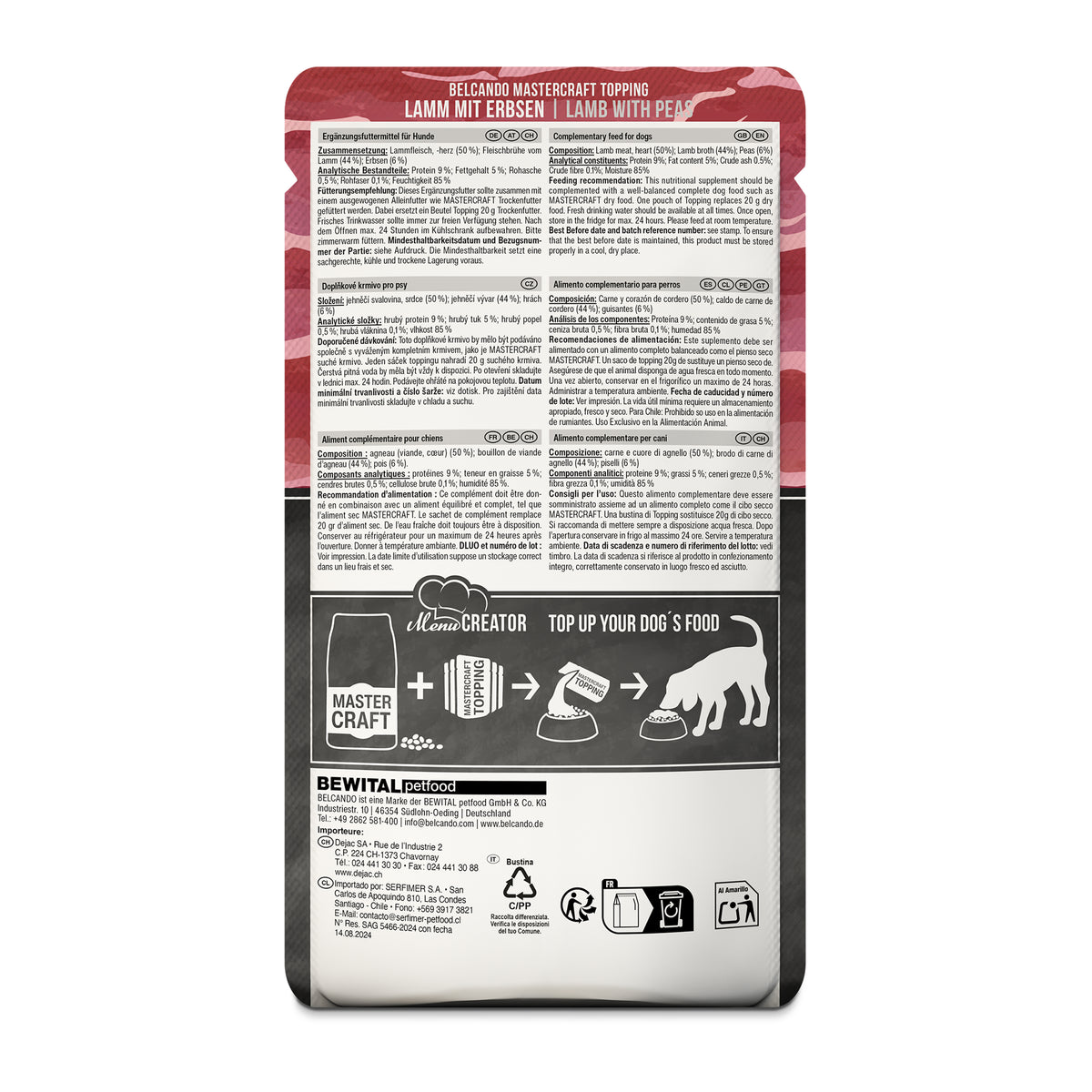 Verso du sachet de topper Belcando Mastercraft agneau & petits pois avec la composition