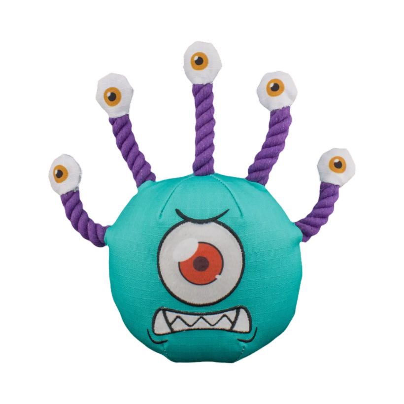 Monstre turquoise à œil unique et tentacules en corde violette