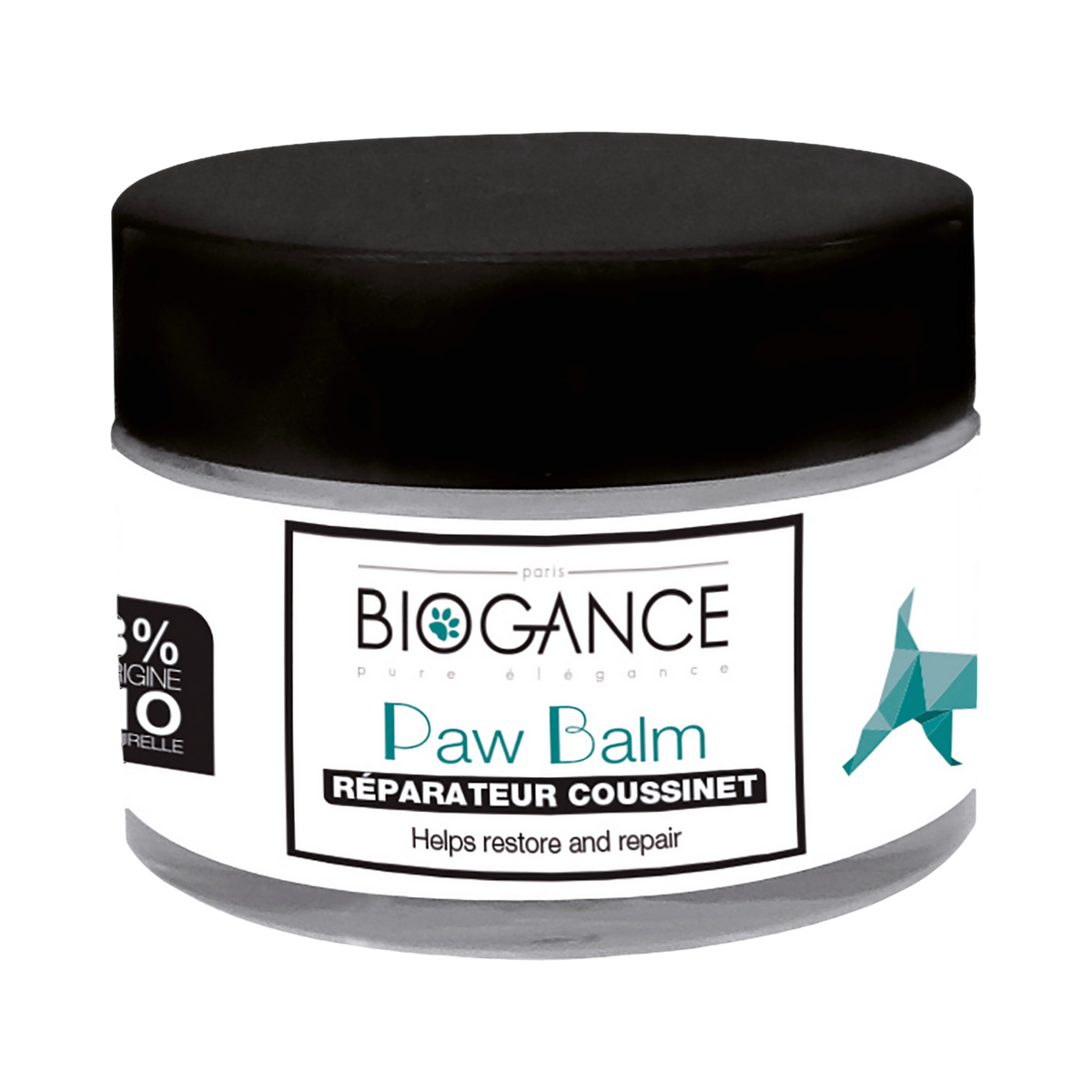 Pot Paw Balm à couvercle noir, étiquette blanche et turquoise