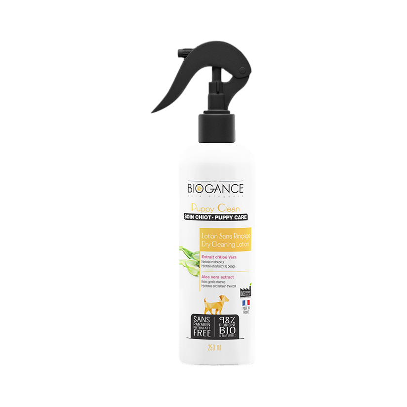 Flacon spray blanc Puppy Clean à étiquette jaune illustrée