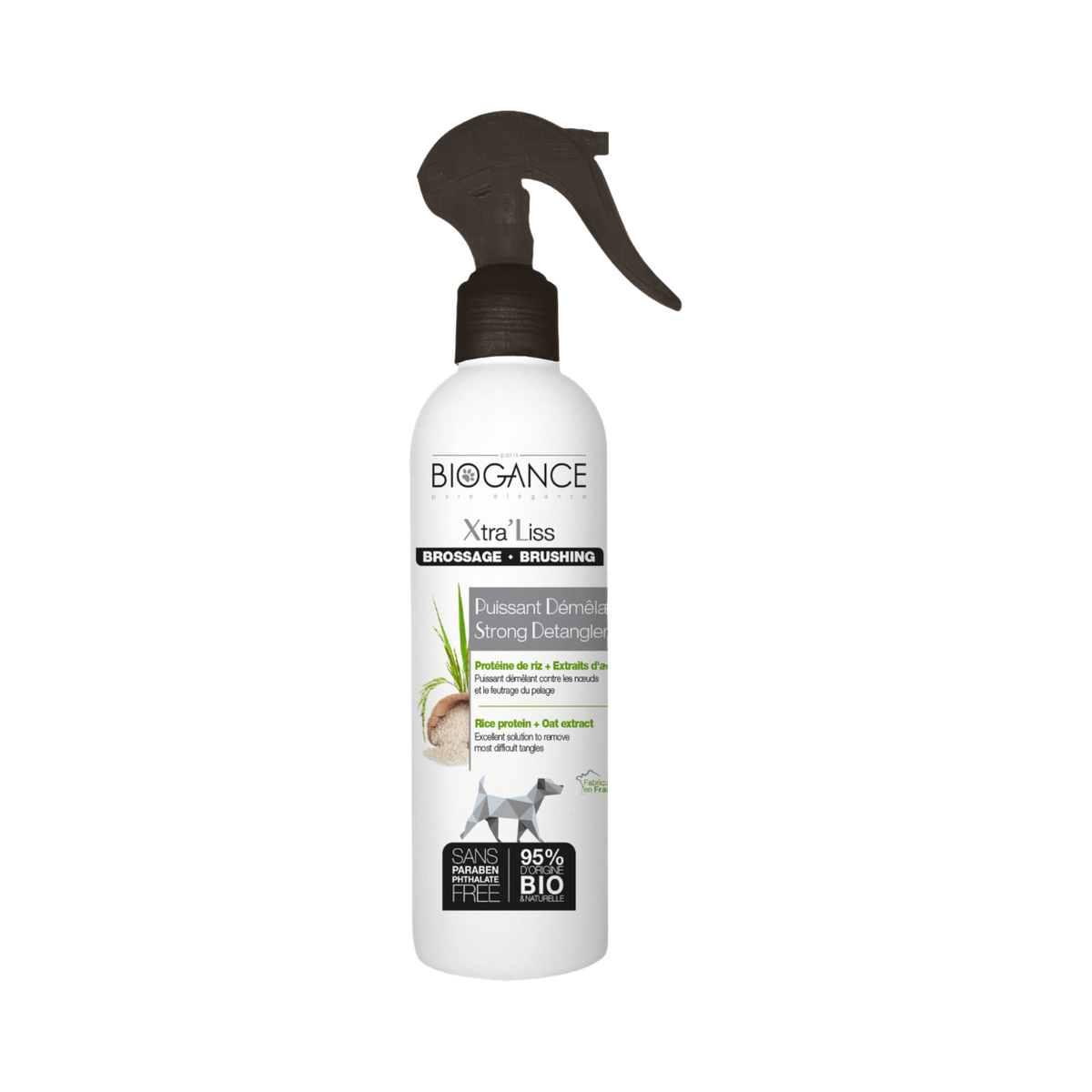 Flacon spray blanc à gâchette noire, étiquette verte ornée d'un chien