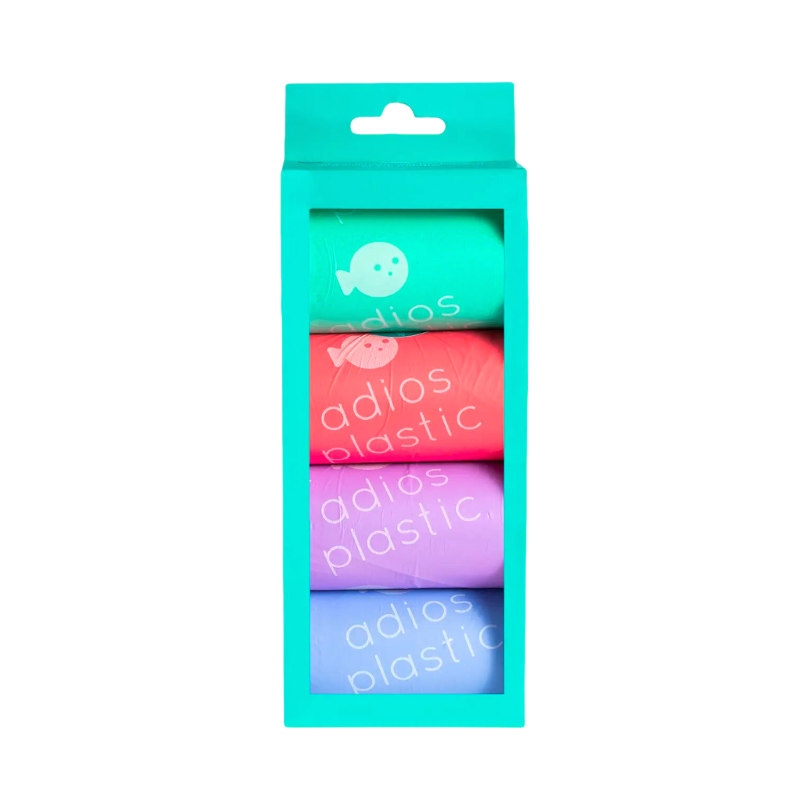 Boîte turquoise contenant quatre rouleaux de sacs colorés