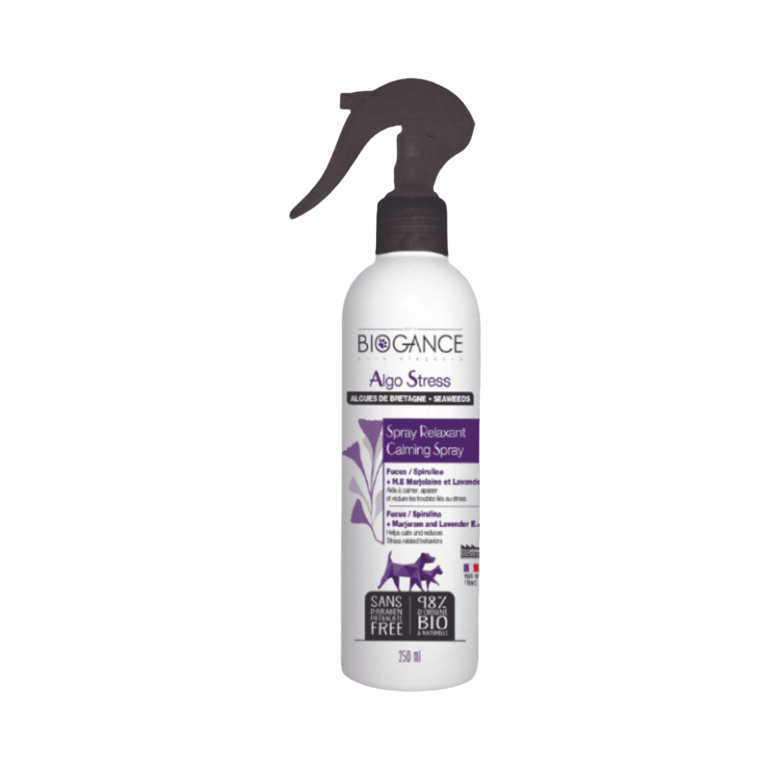 Flacon spray blanc à étiquette violette ornée de silhouettes