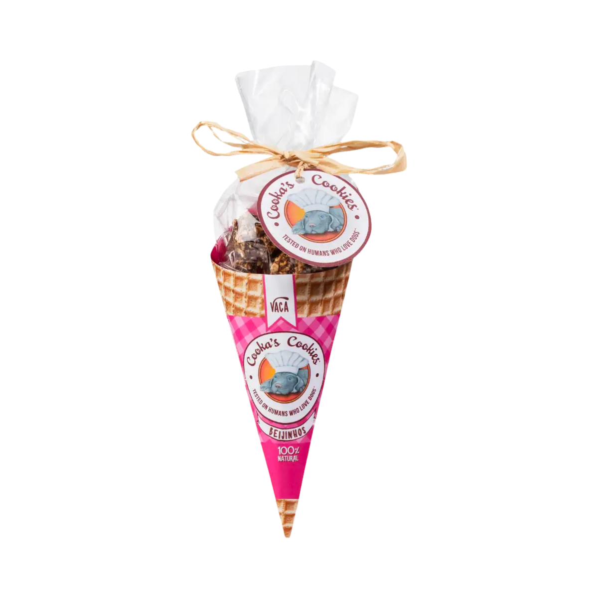 Cornet de biscuits fermé par un ruban et son étiquette ronde