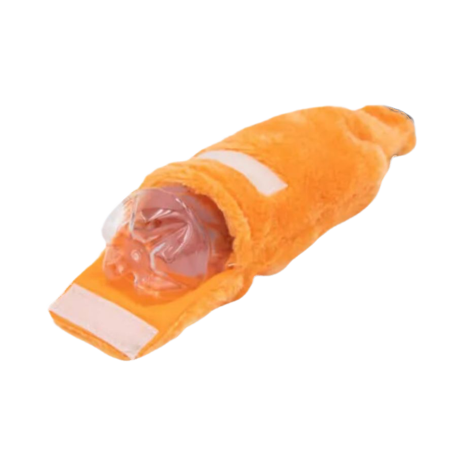 Housse orange ouverte laissant voir la bouteille en plastique