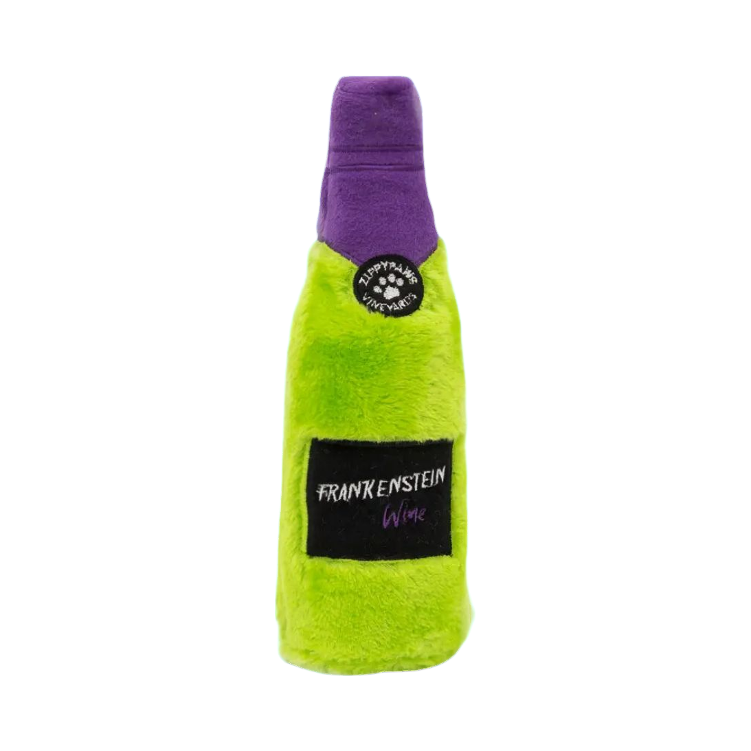 Bouteille vert fluo au goulot violet et étiquette noire