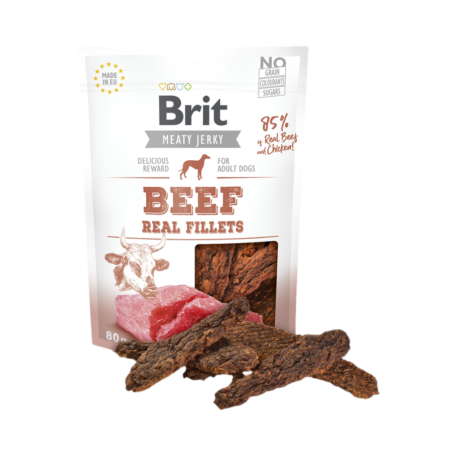 Sachet blanc Brit Meaty Jerky Beef Real Fillets et filets séchés