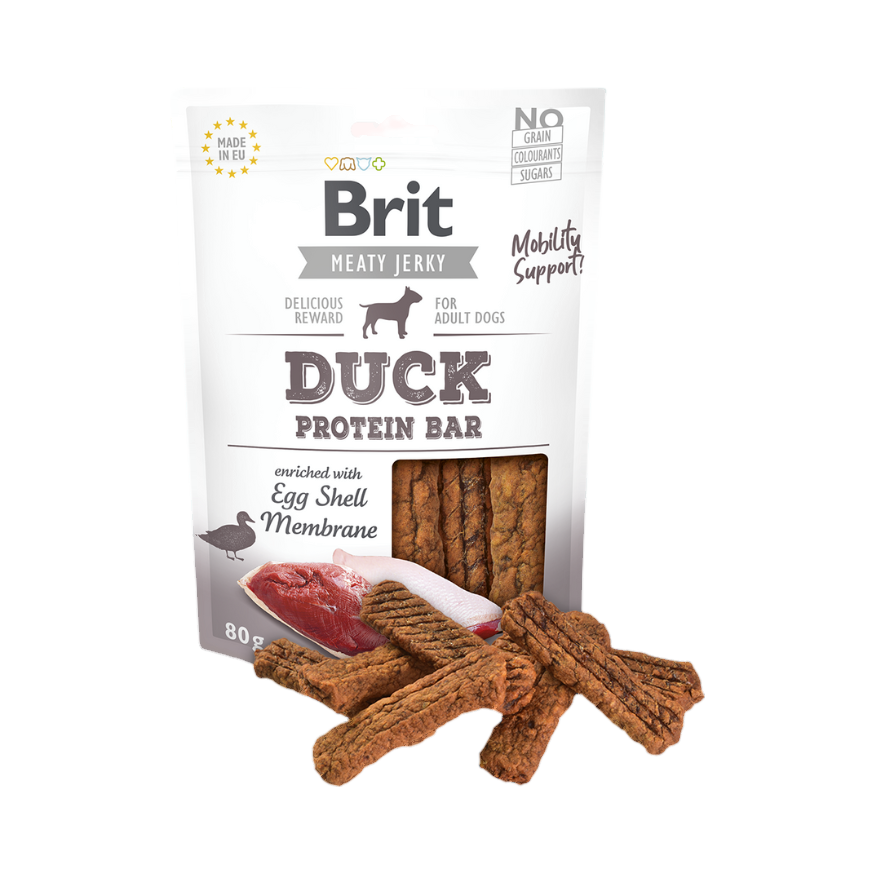 Sachet blanc Brit Meaty Jerky Duck avec bâtonnets de viande