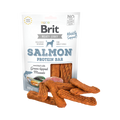 Sachet blanc Brit Meaty Jerky Salmon et bâtonnets orangés