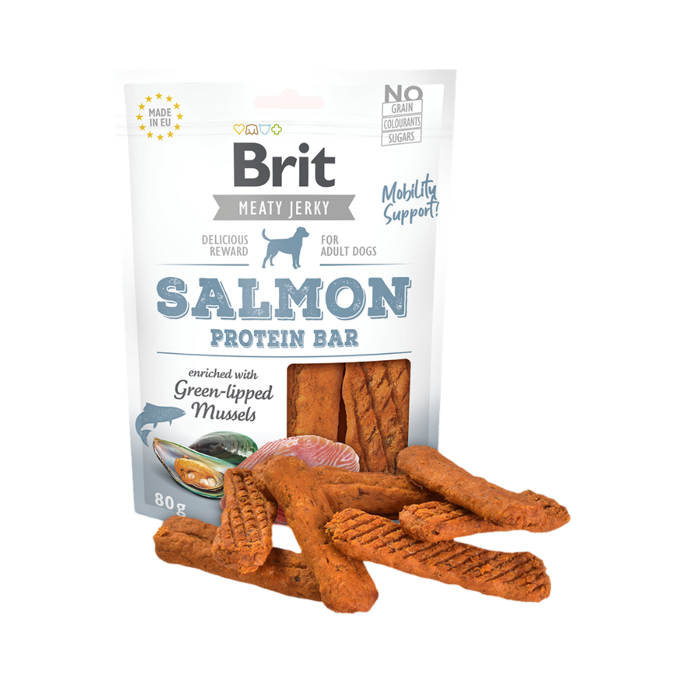 Sachet blanc Brit Meaty Jerky Salmon et bâtonnets orangés