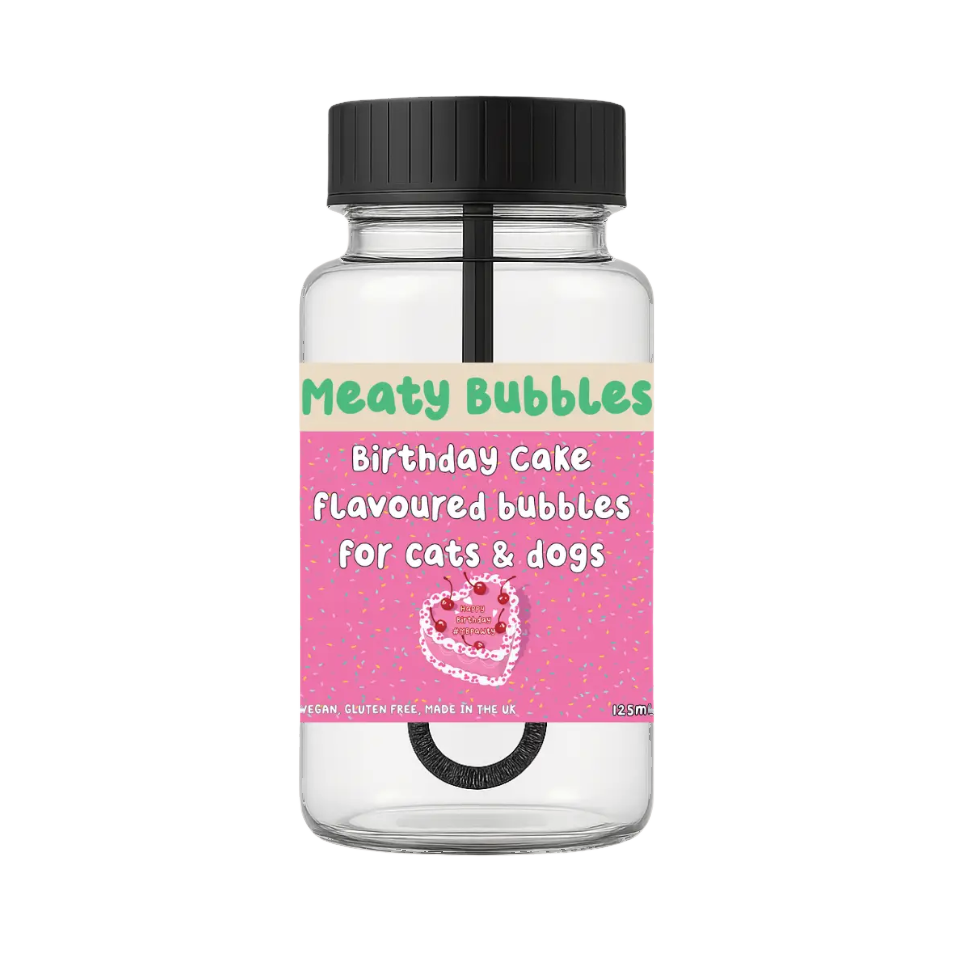 Flacon Meaty Bubbles à étiquette rose illustrée d'un gâteau