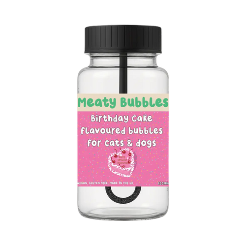 Flacon Meaty Bubbles à étiquette rose illustrée d'un gâteau