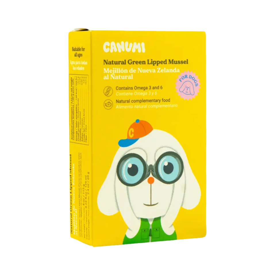 Boîte jaune Canumi Natural Green Lipped Mussel, chien à lunettes