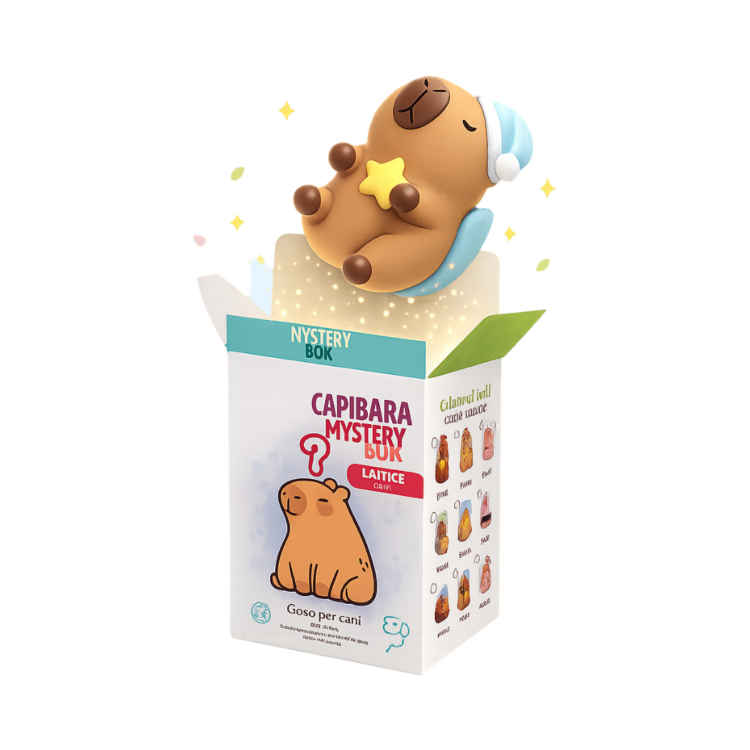 Boîte Capibara Mystery Box ouverte, capybara endormi et étincelles