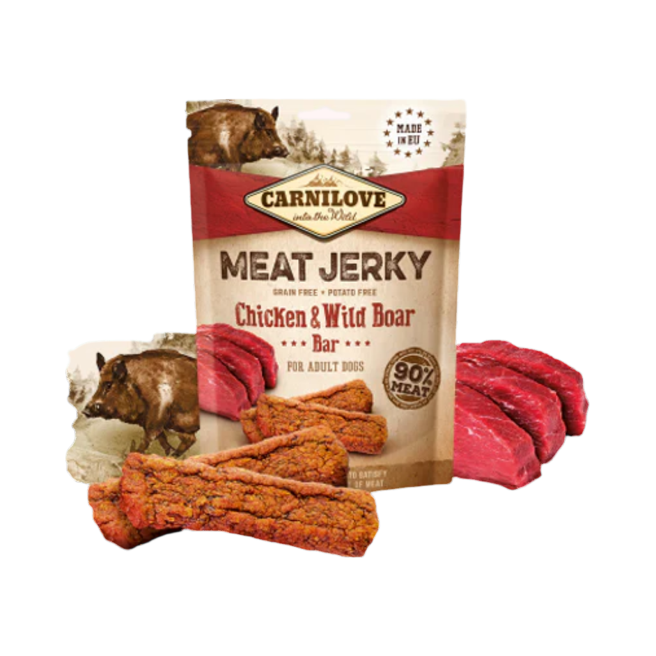 Sachet Carnilove Meat Jerky Chicken & Wild Boar avec bâtonnets