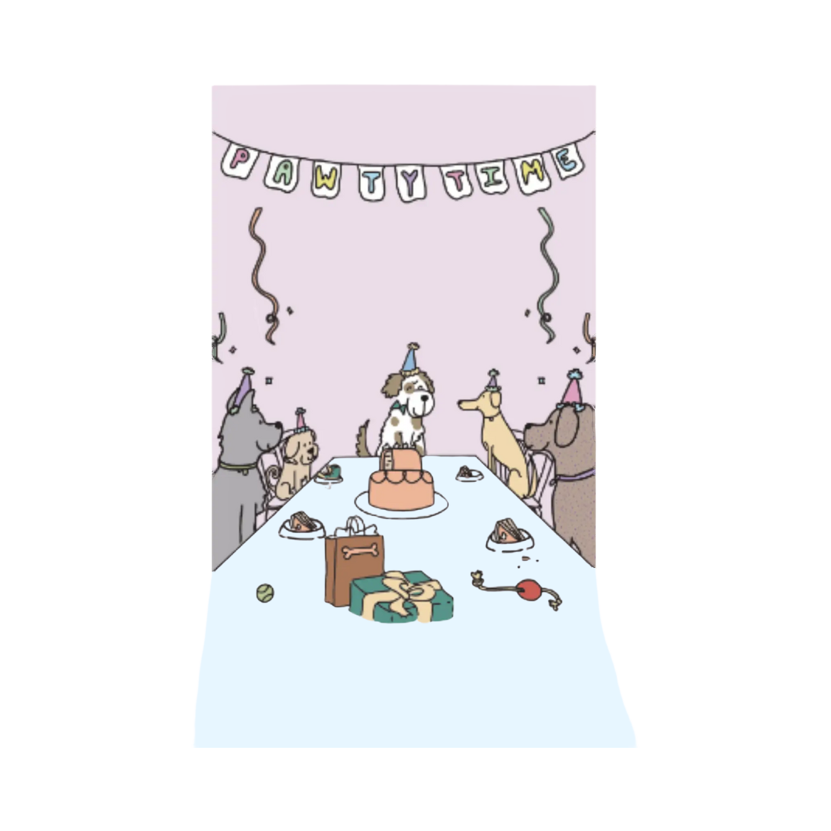 Carte illustrée de chiens fêtant autour d'un gâteau, guirlande