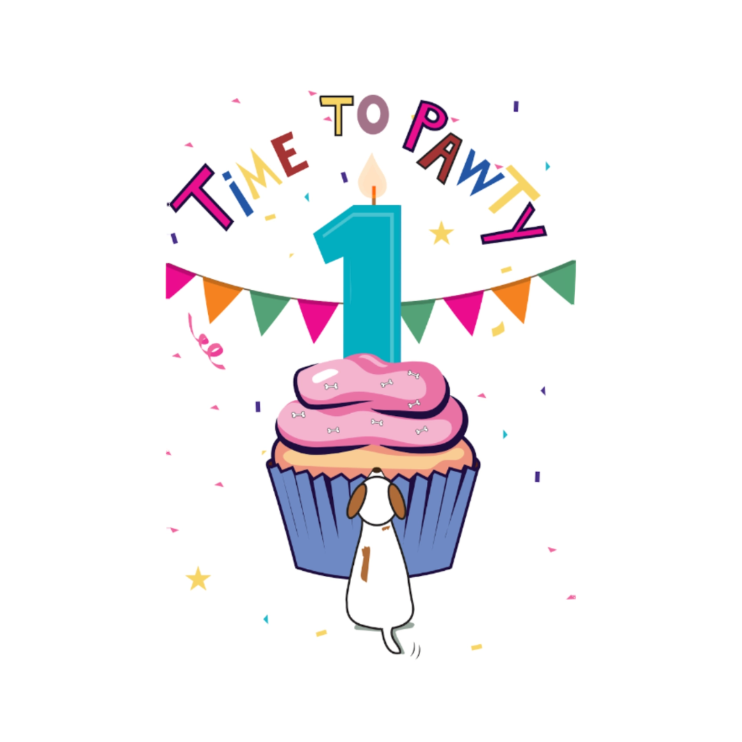 Carte Time to Pawty, cupcake rose et bougie numéro 1