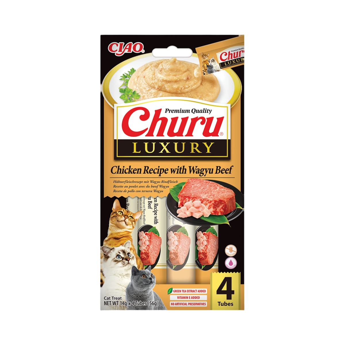 Étui Ciao Churu Luxury Chicken Recipe with Wagyu Beef, 4 tubes