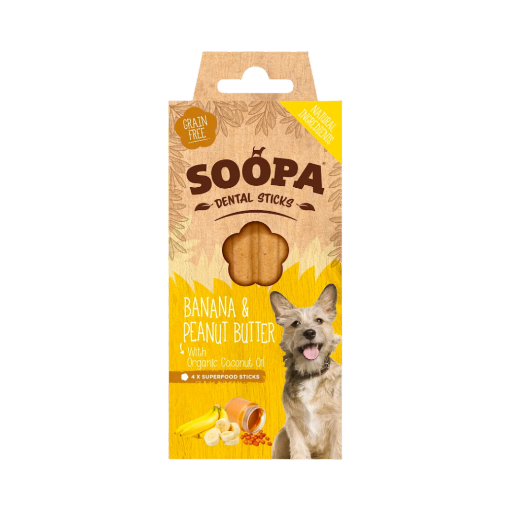 Boîte Soopa Dental Sticks banane et beurre de cacahuète jaune