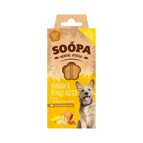 Boîte Soopa Dental Sticks banane et beurre de cacahuète jaune