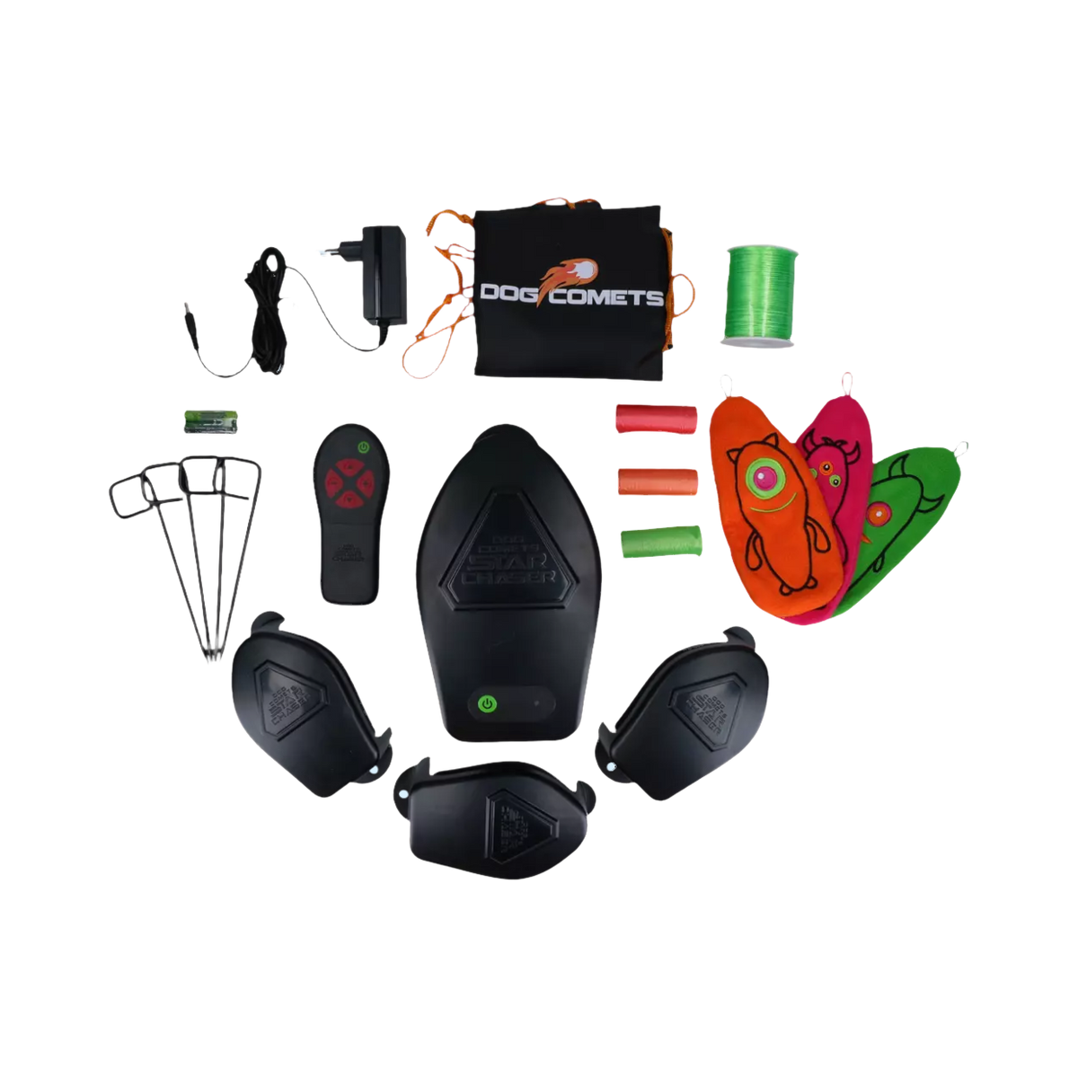 Contenu du kit : moteur, poulies, piquets, télécommande et leurres