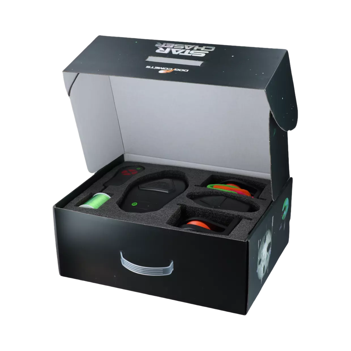 Coffret ouvert montrant le moteur et les accessoires rangés